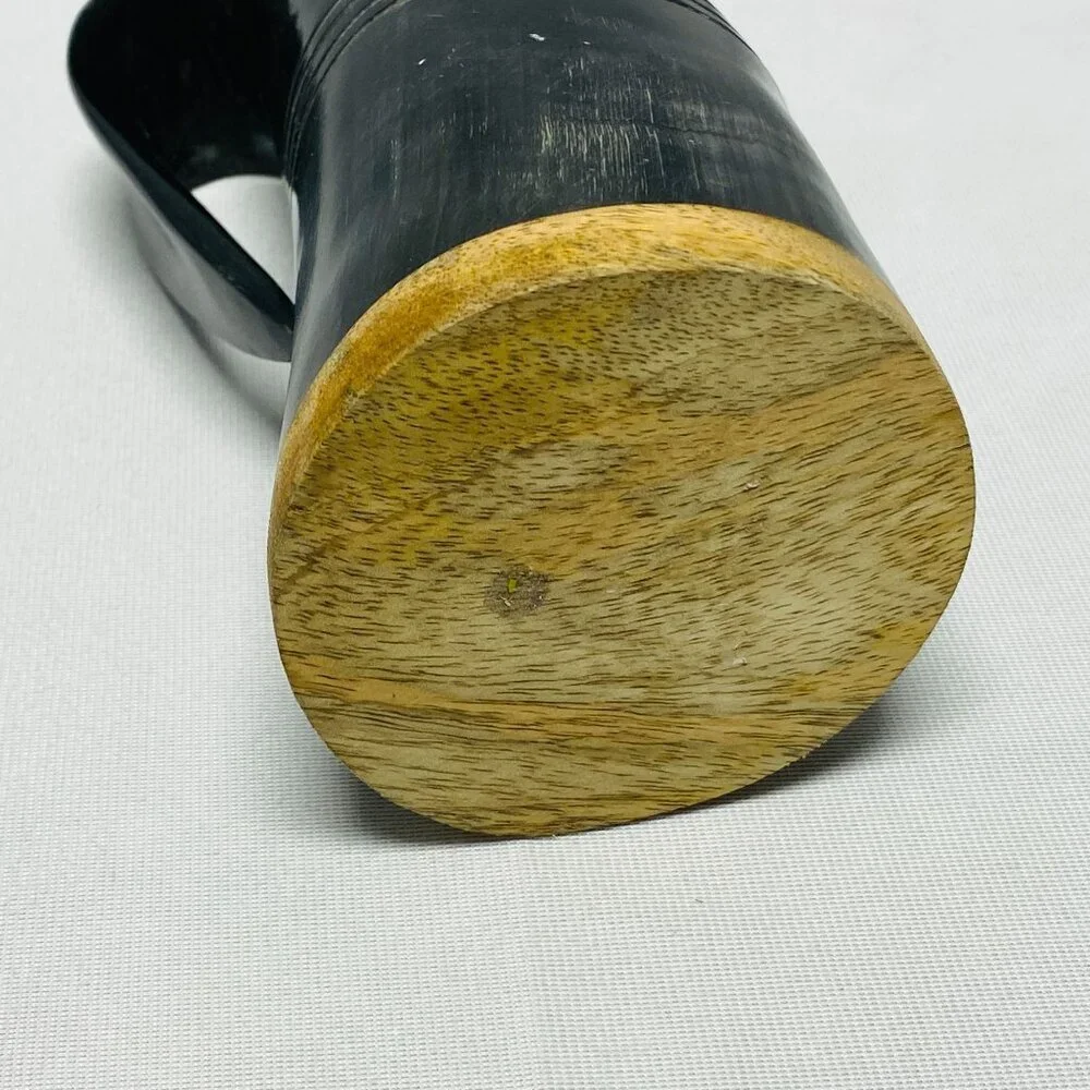 Vintage Black Horn Tankard Beer Drinking Mug With Handle & Wooden Base